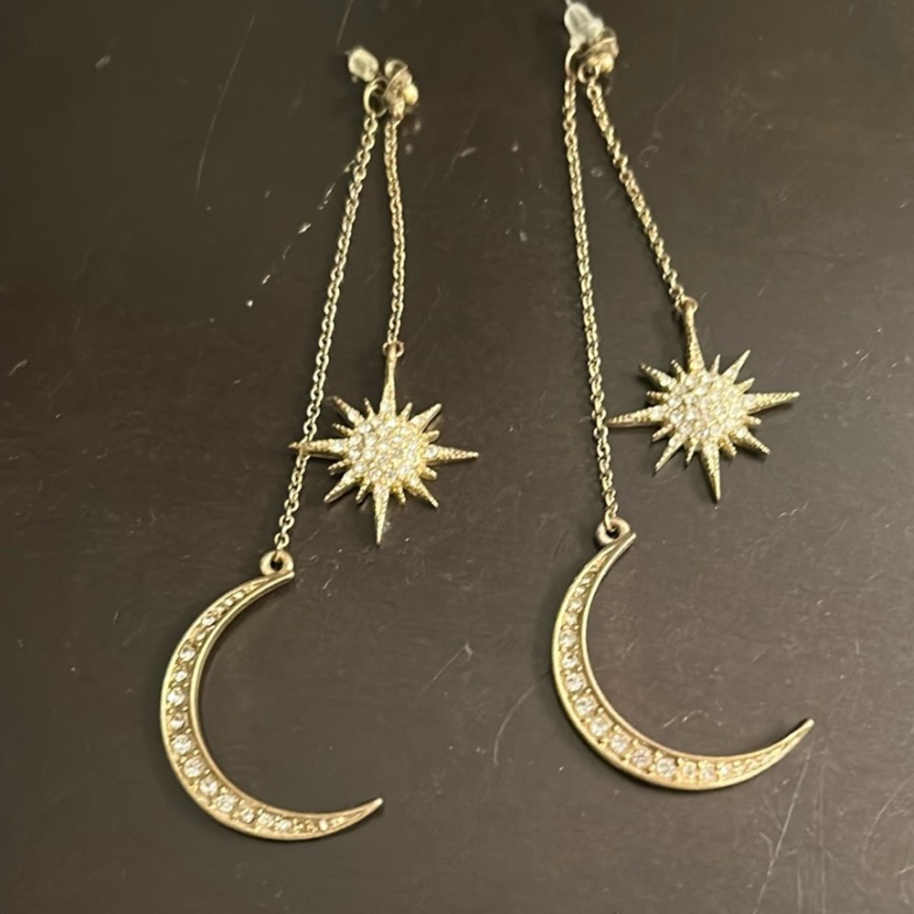 Gold Crescent Moon and Star Dangle Earrings